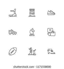 Collection of 9 running outline icons include icons such as gym, activity, shoe, soccer shoe, treadmill, horse, shoes, american football