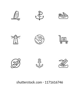 Collection of 9 sailing outline icons include icons such as lighthouse, jet ski, water skiing, windsurf, anchor, travel