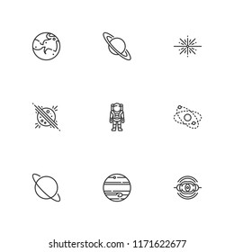 Collection of 9 saturn outline icons include icons such as astronaut, big bang, jupiter, mars, nebula, planet, saturn