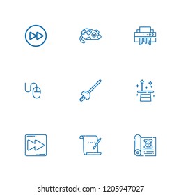 Collection of 9 scroll outline icons include icons such as fast forward, foil, mouse, shredder, parchment, magician