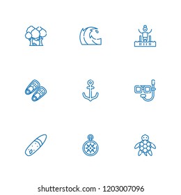 Collection of 9 sea outline icons include icons such as fins, surf, turtle, dive, anchor, pool, wind rose, wave