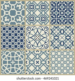 Collection of 9 seamless ceramic tiles in blue and gray