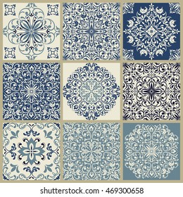 Collection of 9 seamless ceramic tiles with damask pattern in blue, black and gray