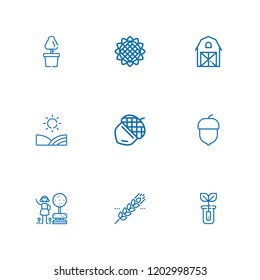 Collection of 9 seed outline icons include icons such as garden, farm, hazelnut, sprout, field, plant, acorn, cereal
