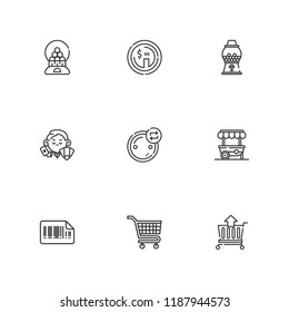 Collection of 9 sell outline icons include icons such as dealer, exchange, dollar, candy machine, cart, bars code, carts