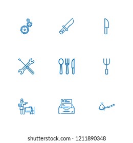 Collection of 9 setting outline icons include icons such as settings, cutlery, fork, knife, spoon, setting the table