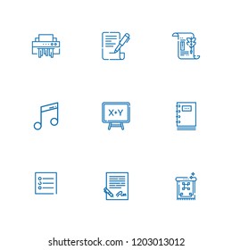 Collection of 9 sheet outline icons include icons such as contract, note, shredder, board, music, notebook, papyrus