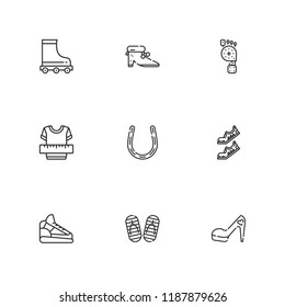 Collection of 9 shoe outline icons include icons such as clothes, roller skate, shoe, flip flop, shoes, horseshoe, foot