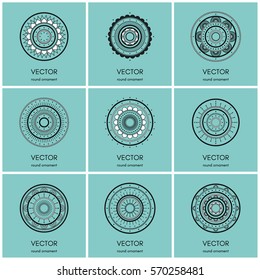 Collection of 9 simple round ornaments. Mandala pattern set. Hand drawn illustration. Vector background.
