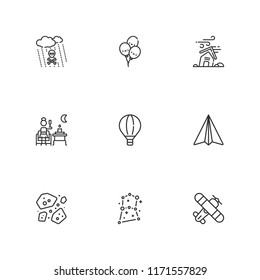 Collection of 9 sky outline icons include icons such as terrace, paper airplane, plane, hot air balloon, asteroids, constellation, acid rain, balloons