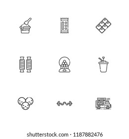 Collection of 9 snack outline icons include icons such as syrup, ice cream, candy, chocolate, sweet, candy machine, food truck