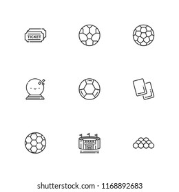 Collection of 9 soccer outline icons include icons such as soccer ball, football, referee, soccer, tickets, ball