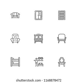 Collection of 9 sofa outline icons include icons such as armchair, dressing room, closet, chest of drawers, bunk, dressing table, bookcase