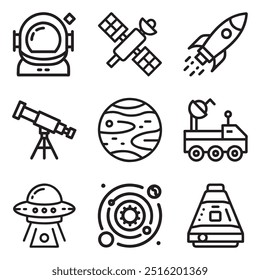 A collection of 9 space exploration icons designed in a modern style, showcasing elements like rocket launch, space station, satellite, astronaut helmet, moon rover, Mars planet, telescope