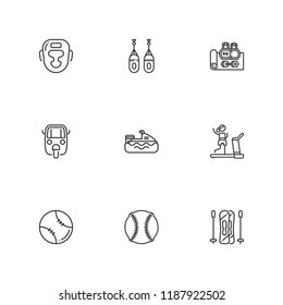 Collection of 9 sports outline icons include icons such as gym, baseball, boxing, jet ski, skiing