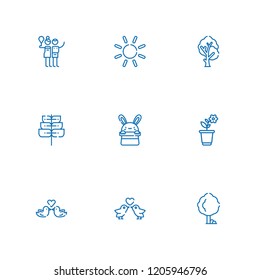 Collection of 9 spring outline icons include icons such as flower, birch, bunny, sun, love birds, tree