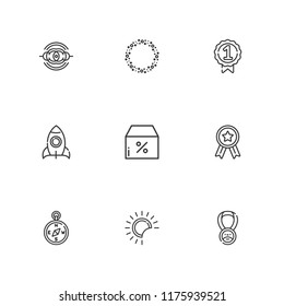 Collection of 9 star outline icons include icons such as medal, discount, asteroid, nebula, badge, rocket, eclipse