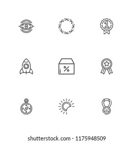 Collection of 9 star outline icons include icons such as medal, discount, asteroid, nebula, badge, rocket, eclipse