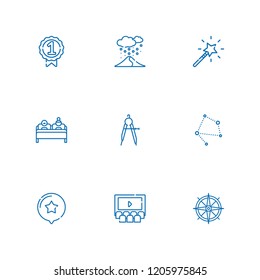 Collection of 9 star outline icons include icons such as double bed, compass, star, constellation, cinema, badge, magic wand