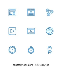 Collection of 9 start outline icons include icons such as internet, video, stopwatch, play button, website, buttons, stopclock