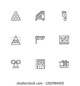 Collection Of 9 Step Outline Icons Include Icons Such As Face Mask, Pyramid Chart, Ladder, Mask, Levels, Pool