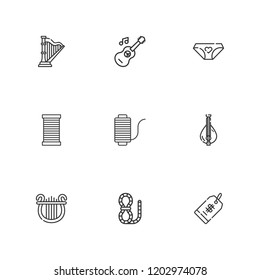 Collection of 9 string outline icons include icons such as guitar, rope, panties, price tag, harp, lyre, mandolin
