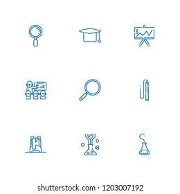Collection of 9 study outline icons include icons such as loupe, flask, mortarboard, pencil, presentation