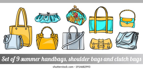 Colección de 9 elegantes ilustraciones vectoriales de verano femeninas de bolsas de diferentes tamaños, tipos y formas, en colores amarillo y negro, en estilo dibujado a mano para diseño personalizado, impresión, patrón, pegatinas.