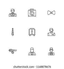 Collection of 9 suit outline icons include icons such as agent, tie, briefcase, bow tie, collar, man, groom