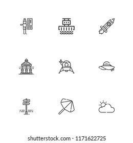 Collection of 9 sun outline icons include icons such as hydroelectric power station, parasol, lander, thermostat, pamela, panels, rising, cloudy
