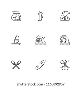 Collection of 9 surf outline icons include icons such as kitesurfing, surf, windsurf, surfing, paddles, tsunami