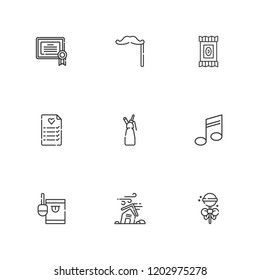 Collection of 9 swirl outline icons include icons such as musical note, mustache, certificate, whipped cream, lollipop, candy, hurricane