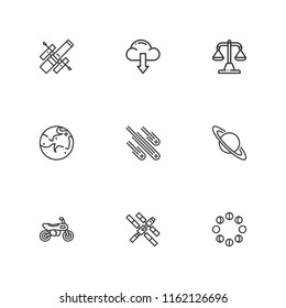 Collection of 9 system outline icons include icons such as cloud computing, motorcycle, scale, hubble space telescope, mars, meteorites, moon phases, saturn