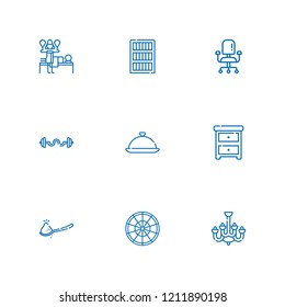 Collection of 9 table outline icons include icons such as tray, desk chair, spoon, massage, chandelier, nightstand, bookcase, roulette