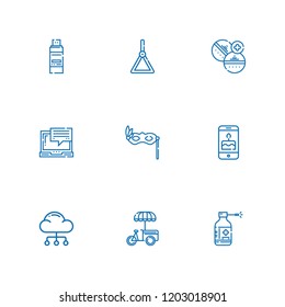 Collection of 9 tablet outline icons include icons such as cloud computing, medicine, cell phone, eye mask, holder, stand, laptop