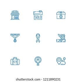 Collection of 9 tag outline icons include icons such as ribbon, identification, luggage, gift, location, gifts, shop, medal