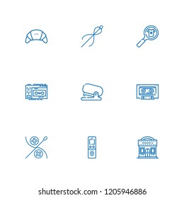 Collection of 9 tape outline icons include icons such as dictaphone, cassette, cinema, product, products, recorder, stapler