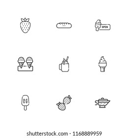Collection of 9 tasty outline icons include icons such as ice cream, popsicle, smoothie, strawberry, baguettes
