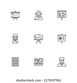 Collection of 9 teaching outline icons include icons such as presentation, educator, student, socrates