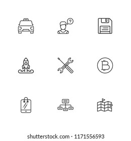 Collection of 9 technology outline icons include icons such as networking, operator, bitcoin, repair tools, floppy disk, smartphone, startup, taxi