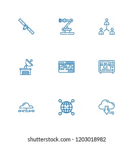 Collection of 9 technology outline icons include icons such as microwave, worldwide, cloud computing, satellite, network, server, street map, industrial robot