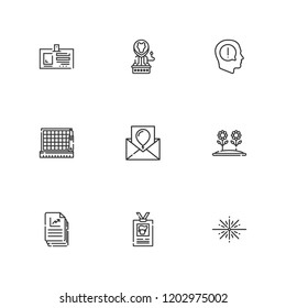Collection of 9 template outline icons include icons such as exclamation, birthday card, id card, big bang, cutting, flower, file