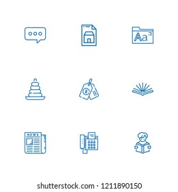 Collection of 9 text outline icons include icons such as chat, documents, stacking, fax, fonts, open book, reading, price tag