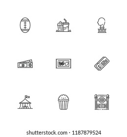 Collection of 9 ticket outline icons include icons such as lotto, american football, tickets, popcorn, ticket, sculpture, subway entrance
