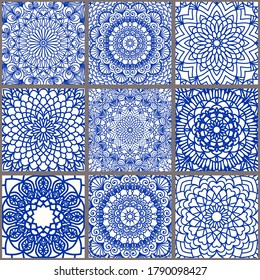 Collection of 9 tiles with mandalas. Seamless  patchwork from Azulejo tiles in blue and white. Portuguese and Spain decor. Islam, Arabic, Indian, Ottoman motif. Vector Hand drawn background