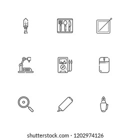 Collection of 9 tool outline icons include icons such as voltmeter, highlighter, pan, cutlery, industrial robot, mouse, dagger, sewing