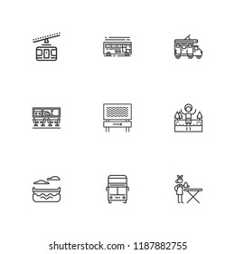 Collection of 9 tourism outline icons include icons such as ironing service, canoe, double decker bus, lake, cable car, bus, trailer, beach