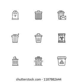 Collection of 9 trashcan outline icons include icons such as waste, trash can, trash, recycle bin
