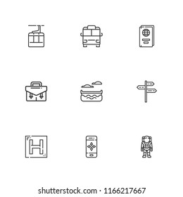 Collection of 9 travel outline icons include icons such as passport, canoe, aerial tramway, briefcase, minibus, navigation, pointer, hotel