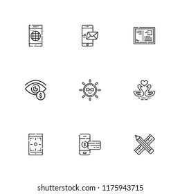 Collection of 9 trendy outline icons include icons such as smartphone, pie chart, swans, sun, pencil
